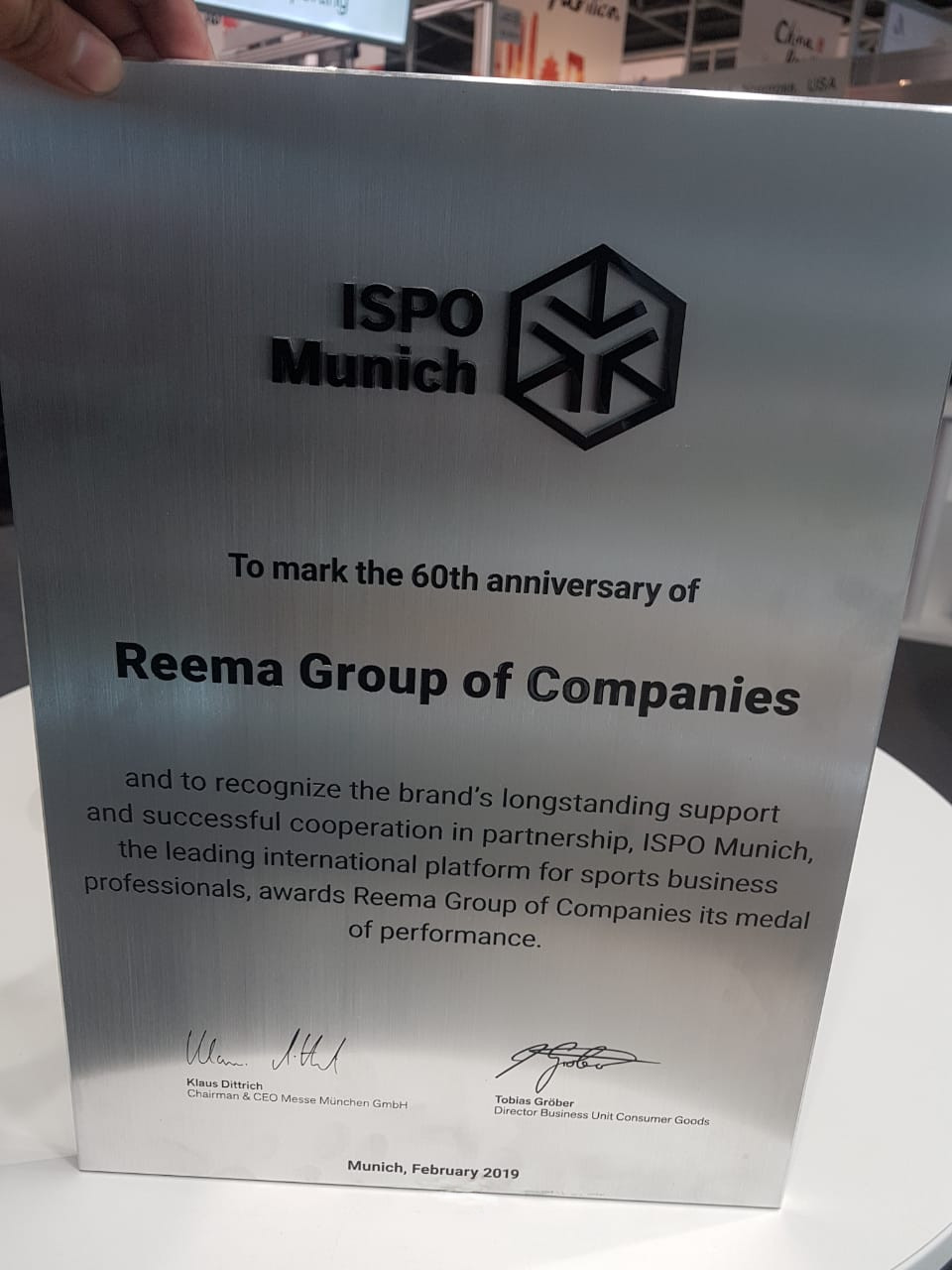Reema Group of Companies ISPO 2019 medal of performance shield 