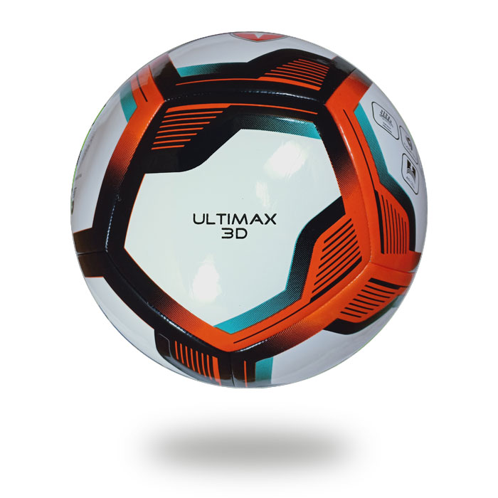 Ultimax 3D | football image on a white background  which cover is white and hot red and black pentagon draw on it
