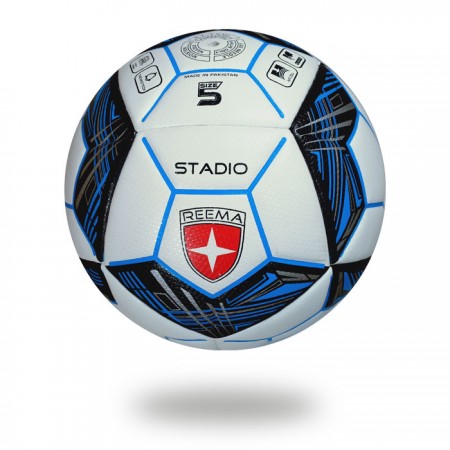 Stadio | blue and black polygon shape draw on white panels of the soccer ball