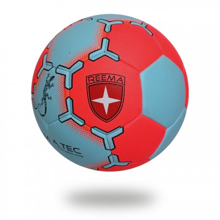 Super Grip HYB | cover of handball is red and light blue and printed with blue